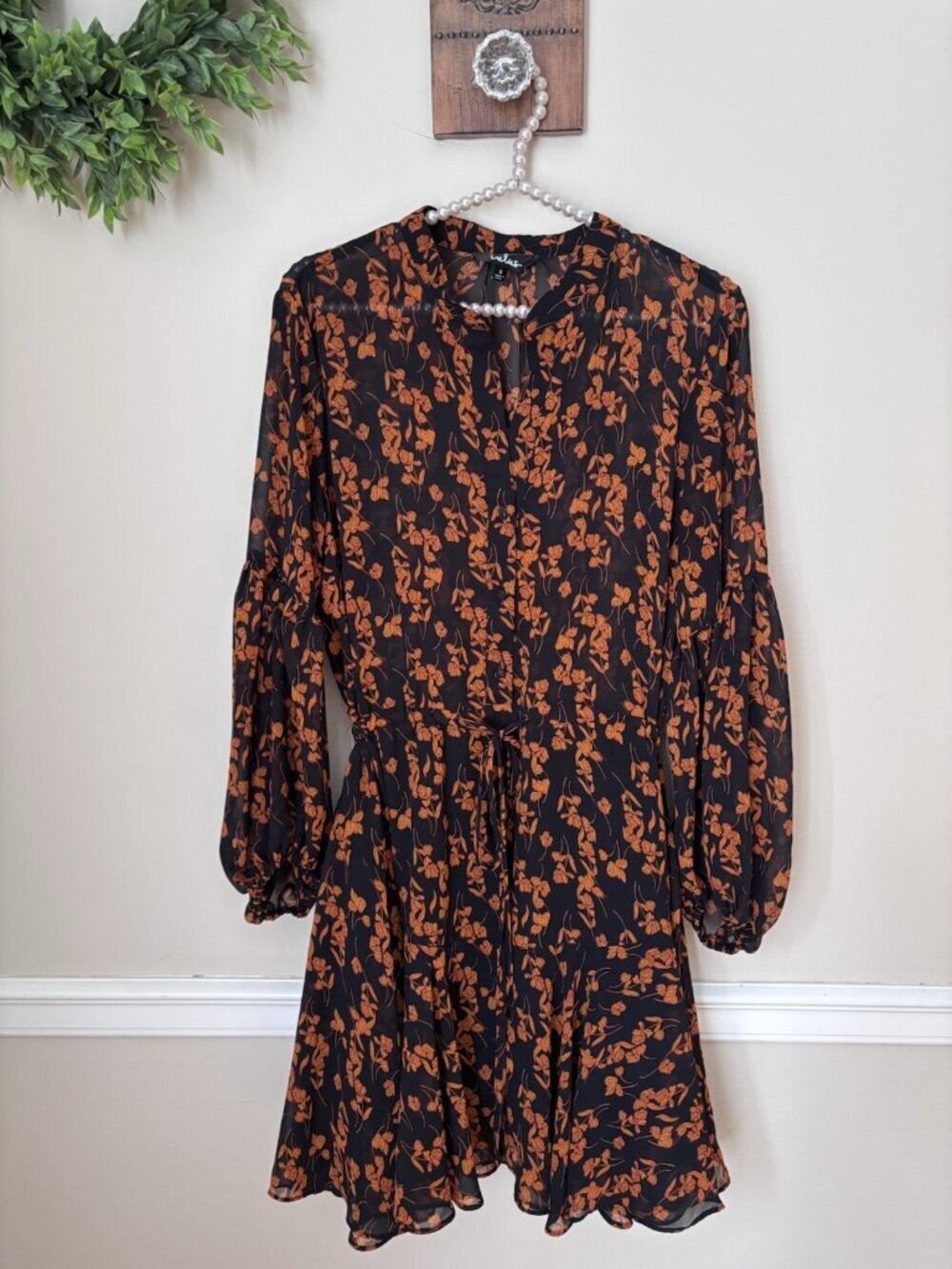 Lulus Size S Black Orange Floral Long Puff Sleeve Mini Dress Tie Waist Ruffle